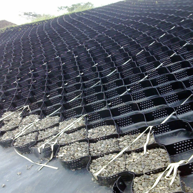 แผ่นใยสังเคราะห์ HDPE พลาสติกเจาะรูและมีพื้นผิวสำหรับเสริมความแข็งแรงของทางเข้า, เสริมฐานถนน, ลานจอดรถ และป้องกันลาด
